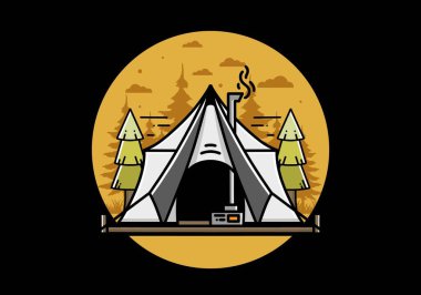 Large glamping tent with heater and chimney between two pine trees illustration design
