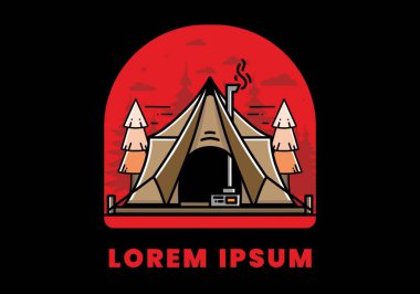 Large glamping tent with heater and chimney between two pine trees illustration design