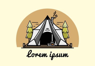 Large glamping tent with heater and chimney between two pine trees illustration design
