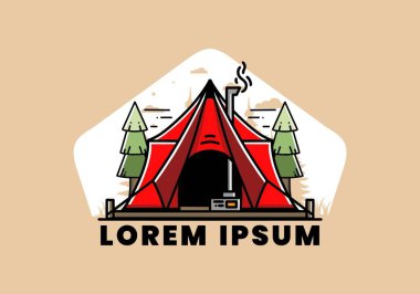 Large glamping tent with heater and chimney between two pine trees illustration design