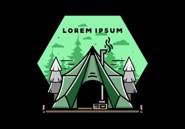 Large glamping tent with heater and chimney between two pine trees illustration design