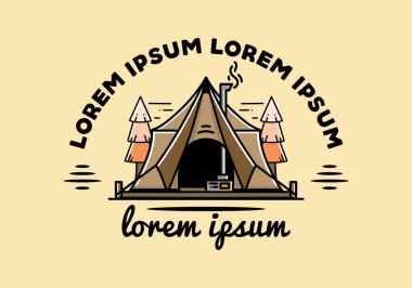 Large glamping tent with heater and chimney between two pine trees illustration design