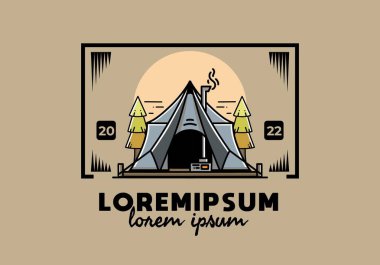 Large glamping tent with heater and chimney between two pine trees illustration design