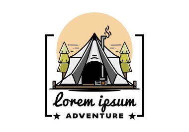 Large glamping tent with heater and chimney between two pine trees illustration design