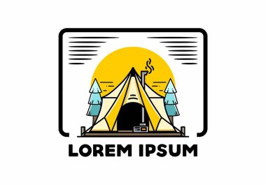 Large glamping tent with heater and chimney between two pine trees illustration design