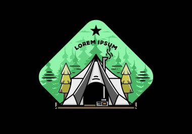 Large glamping tent with heater and chimney between two pine trees illustration design