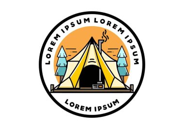 Large glamping tent with heater and chimney between two pine trees illustration design