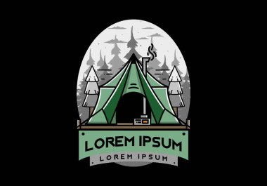 Large glamping tent with heater and chimney between two pine trees illustration design