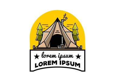 Large glamping tent with heater and chimney between two pine trees illustration design