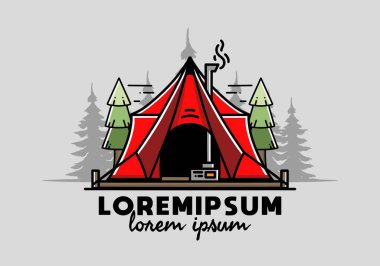 Large glamping tent with heater and chimney between two pine trees illustration design