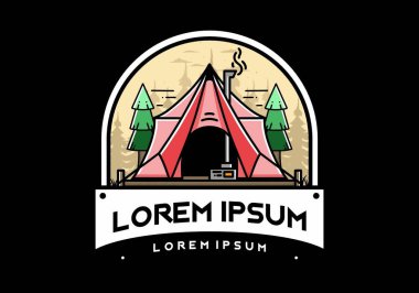 Large glamping tent with heater and chimney between two pine trees illustration design