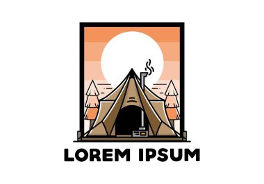 Large glamping tent with heater and chimney between two pine trees illustration design