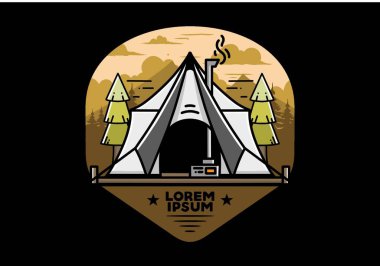 Large glamping tent with heater and chimney between two pine trees illustration design
