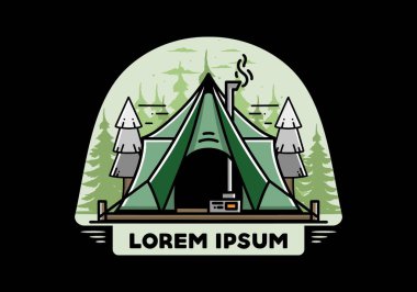 Large glamping tent with heater and chimney between two pine trees illustration design