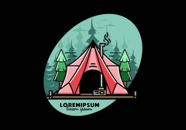 Large glamping tent with heater and chimney between two pine trees illustration design