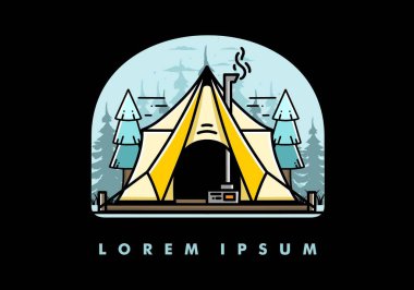 Large glamping tent with heater and chimney between two pine trees illustration design