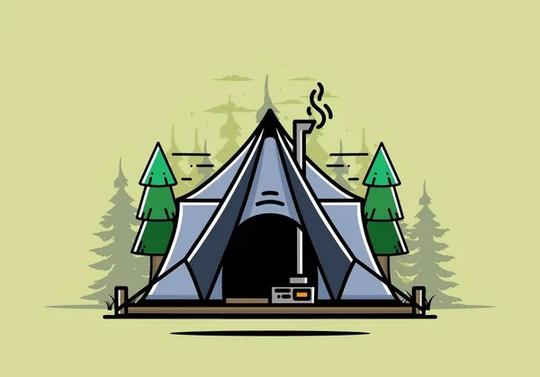 Large Glamping Tent Heater Chimney Two Pine Trees Illustration Design — Wektor stockowy