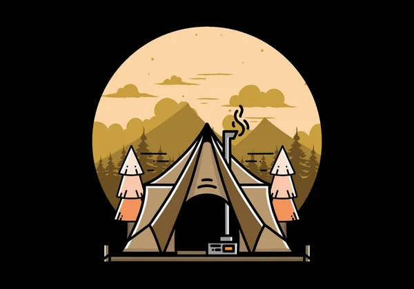 Large Glamping Tent Heater Chimney Two Pine Trees Illustration Design —  Vetores de Stock