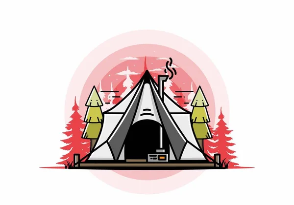 Large Glamping Tent Heater Chimney Two Pine Trees Illustration Design — 스톡 벡터