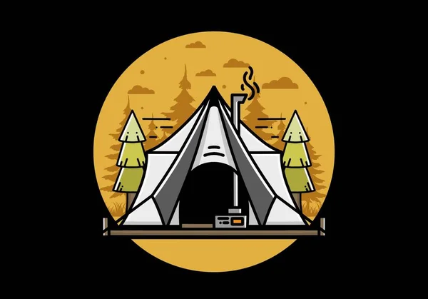 Large Glamping Tent Heater Chimney Two Pine Trees Illustration Design — Stok Vektör