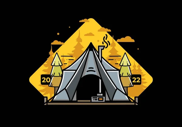 Large Glamping Tent Heater Chimney Two Pine Trees Illustration Design — Vettoriale Stock