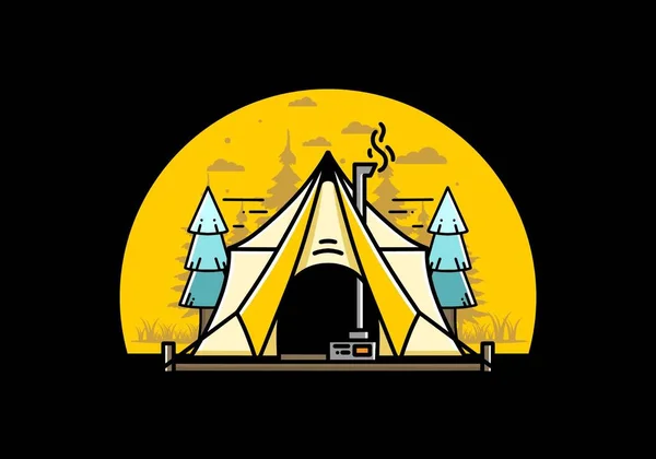 Large Glamping Tent Heater Chimney Two Pine Trees Illustration Design — Stockvektor