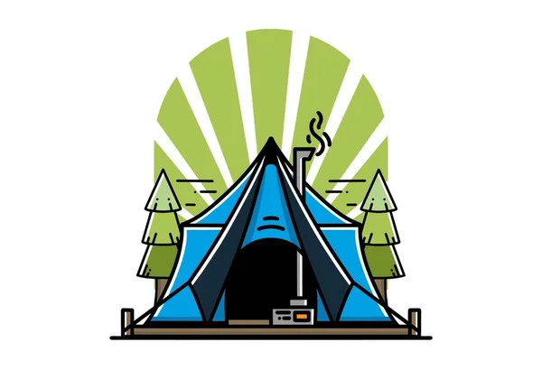Large Glamping Tent Heater Chimney Two Pine Trees Illustration Design — Wektor stockowy