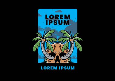 illustration badge design of two coconut trees growing on a skull