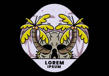 illustration badge design of two coconut trees growing on a skull