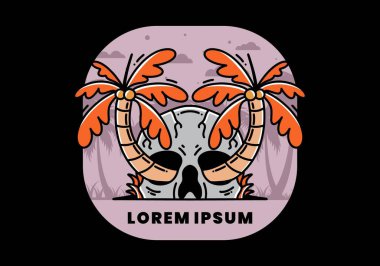 illustration badge design of two coconut trees growing on a skull