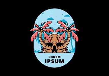 illustration badge design of two coconut trees growing on a skull