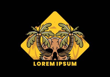 illustration badge design of two coconut trees growing on a skull