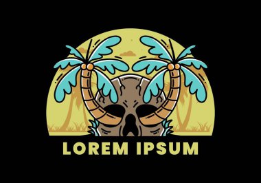 illustration badge design of two coconut trees growing on a skull