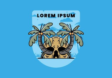 illustration badge design of two coconut trees growing on a skull