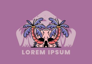 illustration badge design of two coconut trees growing on a skull
