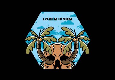 illustration badge design of two coconut trees growing on a skull