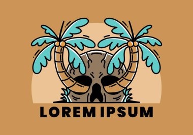 illustration badge design of two coconut trees growing on a skull