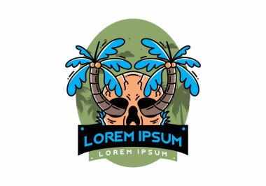 illustration badge design of two coconut trees growing on a skull