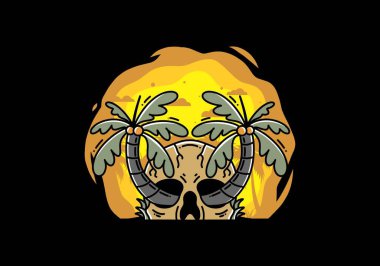illustration badge design of two coconut trees growing on a skull