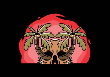 illustration badge design of two coconut trees growing on a skull