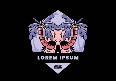 illustration badge design of two coconut trees growing on a skull