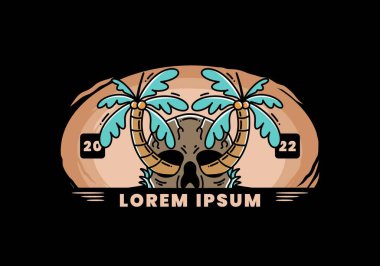 illustration badge design of two coconut trees growing on a skull