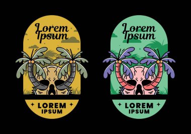 illustration badge design of two coconut trees growing on a skull