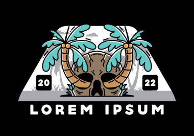illustration badge design of two coconut trees growing on a skull