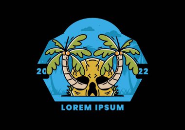illustration badge design of two coconut trees growing on a skull