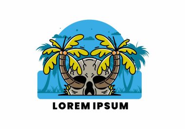 illustration badge design of two coconut trees growing on a skull