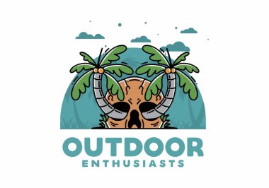 illustration badge design of two coconut trees growing on a skull