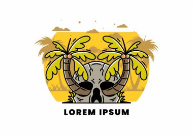 illustration badge design of two coconut trees growing on a skull
