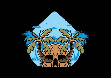 illustration badge design of two coconut trees growing on a skull