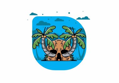 illustration badge design of two coconut trees growing on a skull